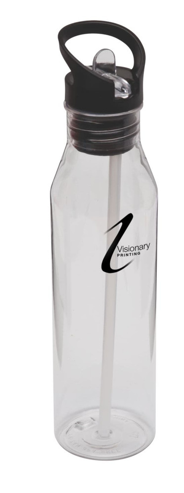 A clear drink bottle with a black lid and built-in straw, featuring a logo on its side.