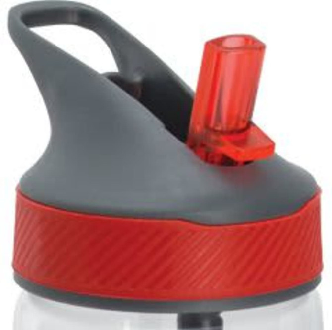 A drink bottle with a grey body and a red, textured band features a flip-top spout and a carry handle.