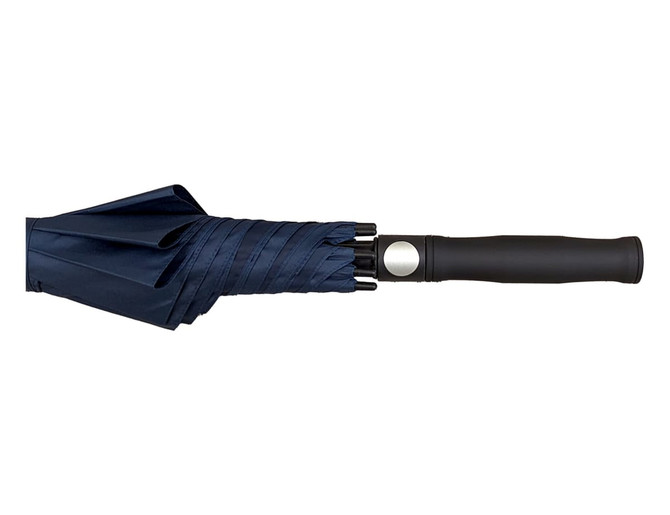 A navy blue auto golf umbrella with a black handle and a logo on the handle.