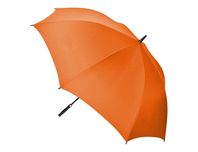 An orange auto golf umbrella with a black handle and a simple design, featuring a logo.