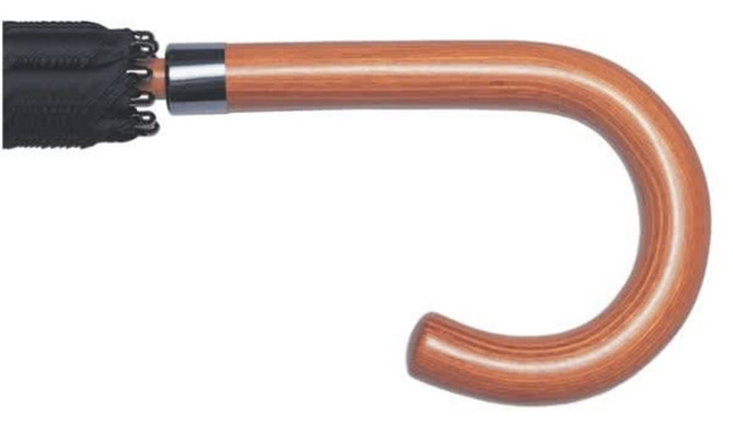A close-up of a black umbrella with a wooden handle and a metallic accent. The handle is curved.