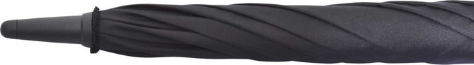 A black, twisted handle of the Deluxe 30 Auto Golf Umbrella with a sleek design and a logo.