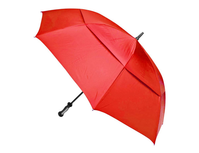 A red auto golf umbrella with a black handle and a branding logo.