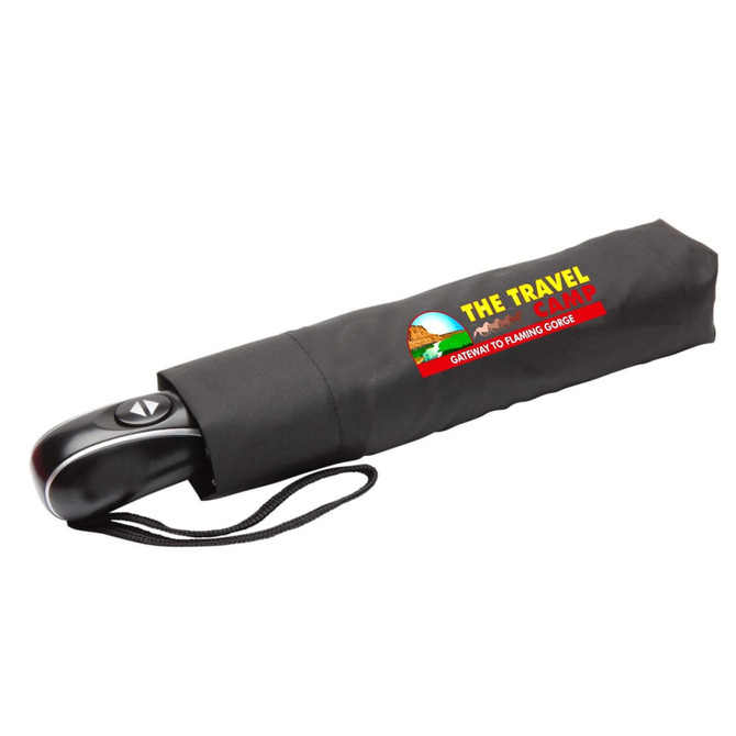 A black umbrella with an automatic open/close feature, packaged in a compact sleeve with a logo.