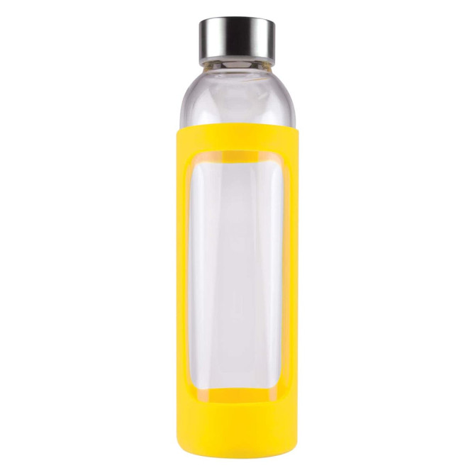 A drink bottle featuring a clear glass body with a bright yellow silicone sleeve and a stainless steel cap.