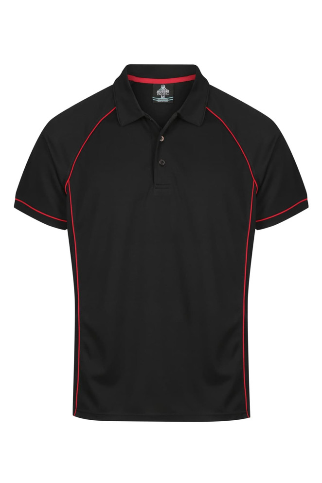 A black polo shirt with red piping and a logo on the chest. Designed for men, featuring a classic collar.