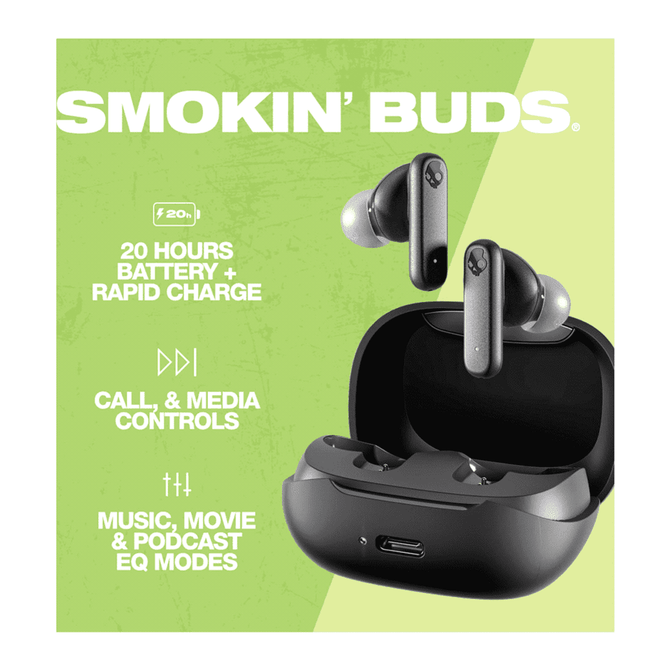 A pair of grey Skullcandy Smokin' Buds earbuds in their charging case on a bright green background.