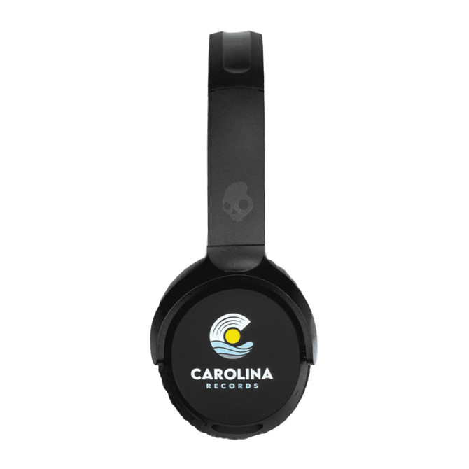 A pair of black wireless headphones featuring a logo on the earcup and a smooth headband design.