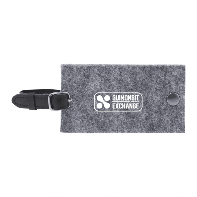 A grey recycled felt luggage tag with a black strap and a logo on the front.