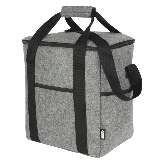 A grey felt cooler bag with black straps and handles, featuring two side pockets. It has a square shape and a lid.