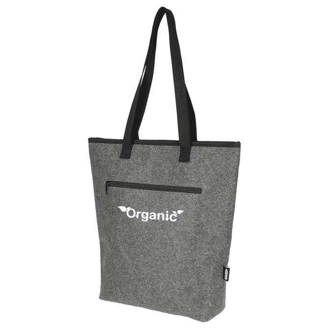 A grey cooler tote bag with black straps, featuring a front zip pocket and a logo. Suitable for carrying drinks or snacks.