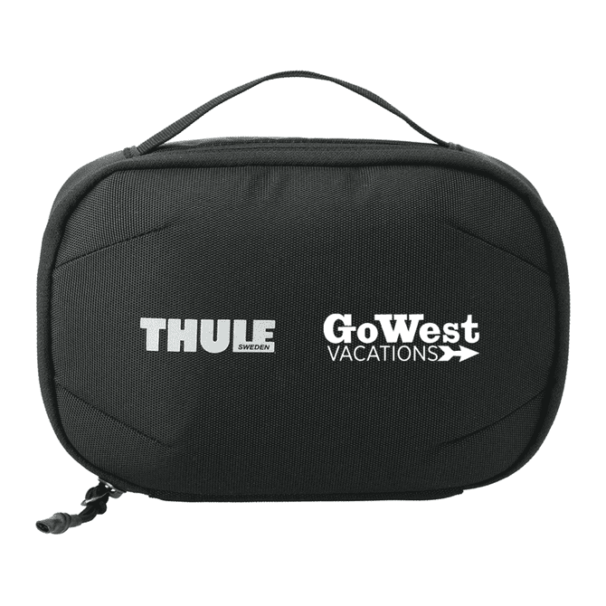 A black toiletry bag with a handle and a logo on the front, featuring a zip closure.