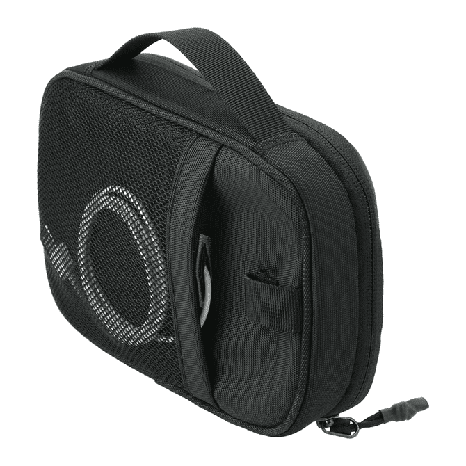 A black toiletry bag with a mesh pocket and zipper, featuring a handle for easy carrying.