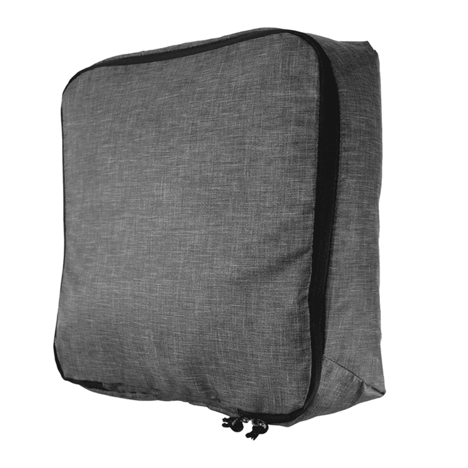 A grey packing cube with a zipper and black trim, featuring a logo. Suitable for organizing travel items.