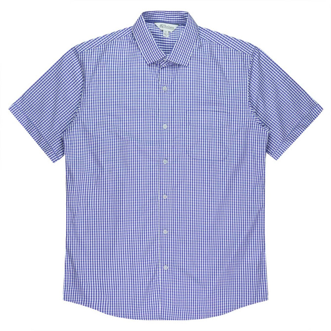 A short-sleeve button-up shirt in blue and white checkered pattern, featuring a single chest pocket and a collar.