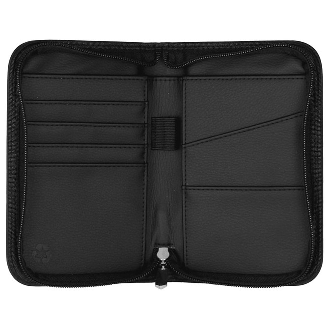 A black recycled travel wallet with RFID blocking features, featuring multiple card slots and a zip closure.