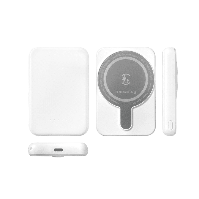 A white magnetic power bank with a circular charging area and a USB-C port, featuring a logo on the surface.