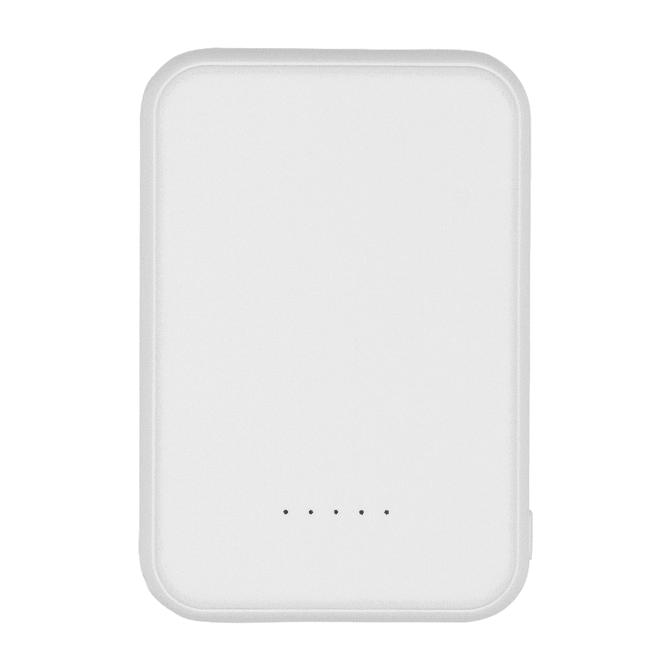 A white magnetic power bank with a sleek design and four indicator lights. It has a branding logo on the surface.