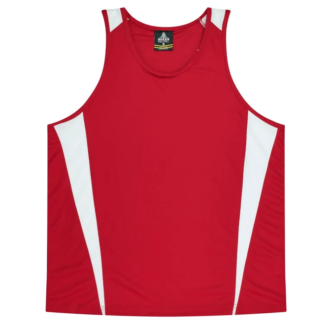 A red singlet with white panel accents and a logo on the neckline. Suitable for casual wear or active use.