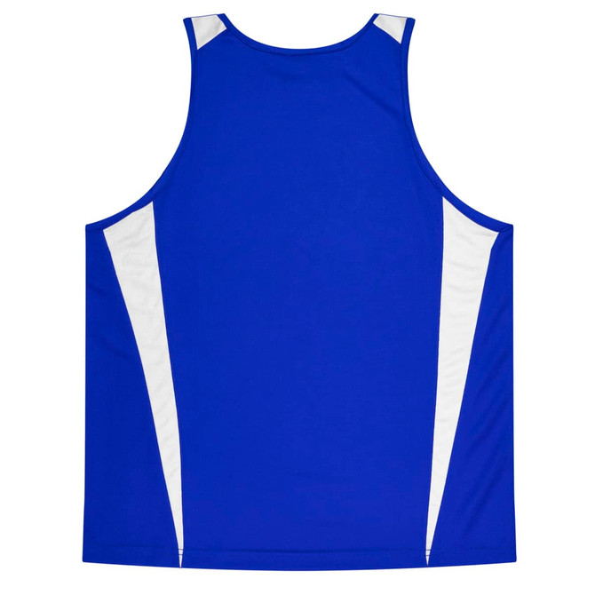 A blue singlet with white accents, featuring a logo on the back. Suitable for casual wear or active use.