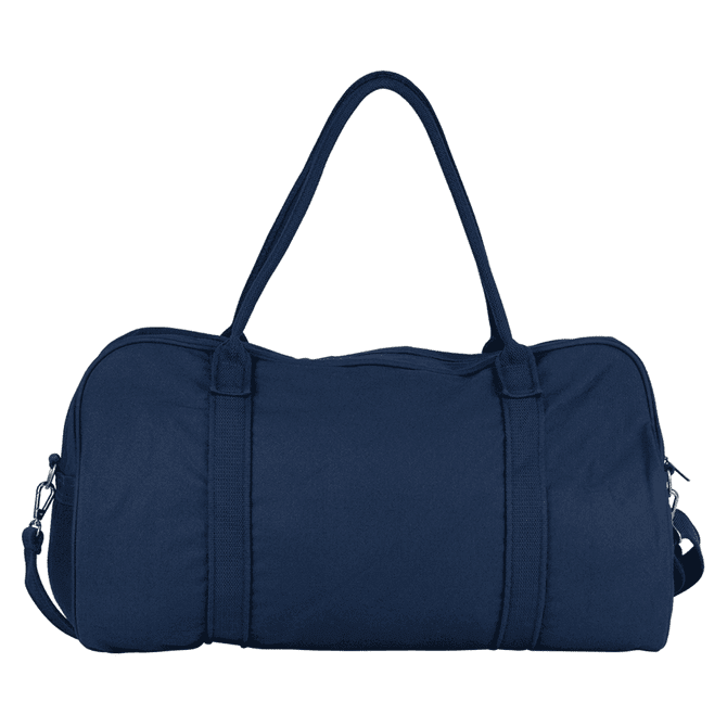 A dark blue duffel bag with a sturdy handle and adjustable shoulder strap, featuring a logo.