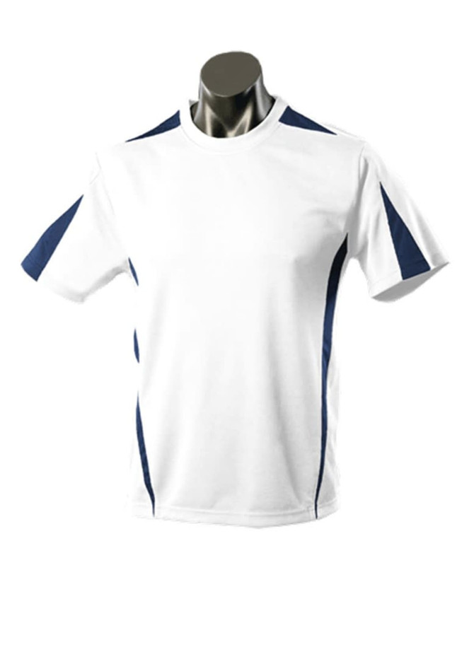 A white T-shirt with navy blue accents on the shoulders and sides, displayed on a mannequin.