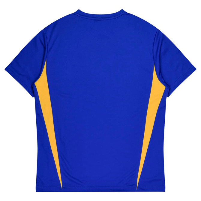 A blue T-shirt with yellow accents on the sides, featuring a brand logo.