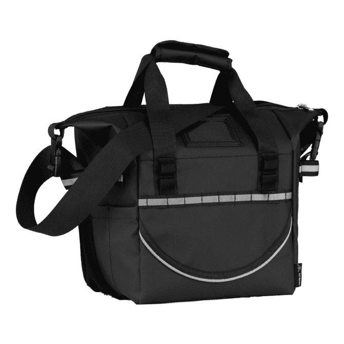 A black cooler bag with adjustable shoulder straps, featuring a front pocket and reflective stripes. Includes branding.