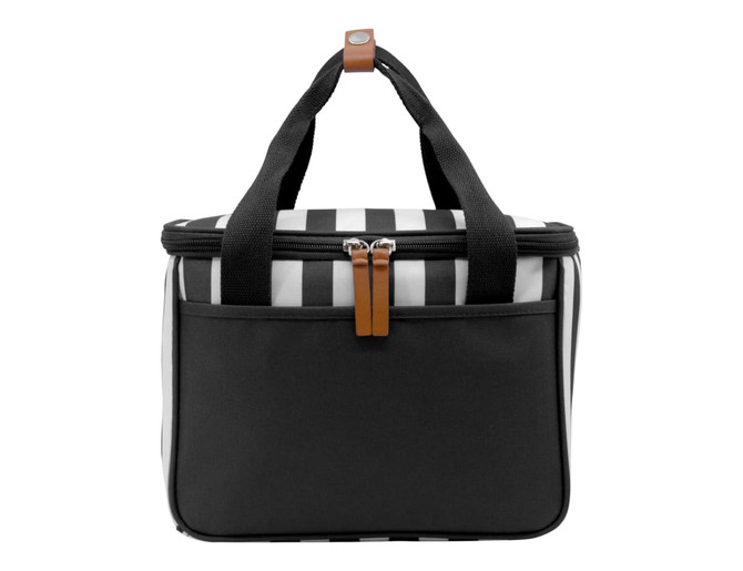 A black and white striped cooler bag with a front pocket and sturdy handles. It features a zip closure and a logo.