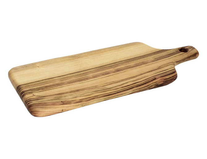 A large wooden serving board with a natural finish and unique grain patterns, featuring a handle and a hanging hole.