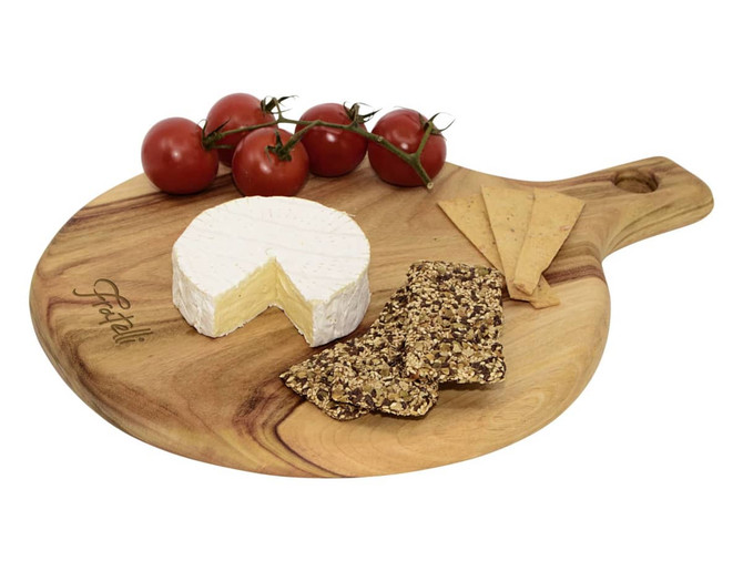 A round wooden serving board featuring a brie cheese, crackers, and cherry tomatoes. Includes a branding logo.