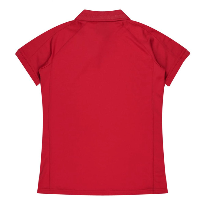 A red polo shirt with a short sleeve design and a collared neckline, featuring a logo on the back.