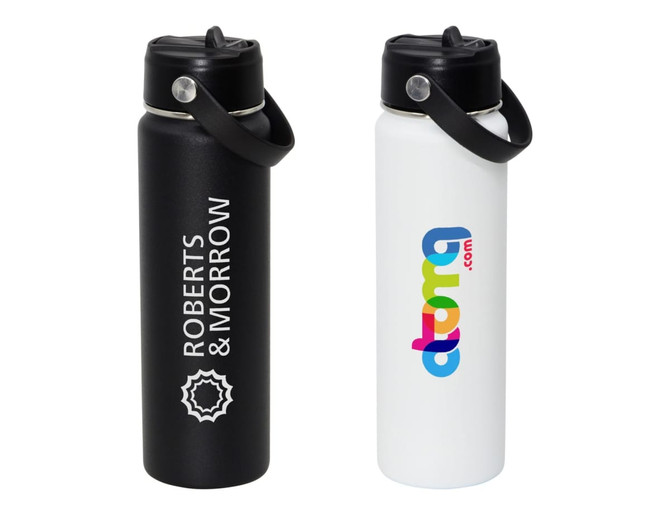 A drink bottle featuring a black exterior with a logo and a white exterior with a logo, both with a flip-top lid.