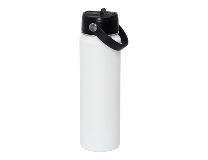A drink bottle in white with a black lid and handle, featuring a logo on the body.