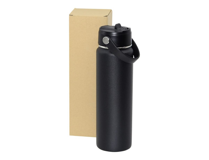 A drink bottle in black, featuring a lid with a handle, alongside a plain cardboard box.