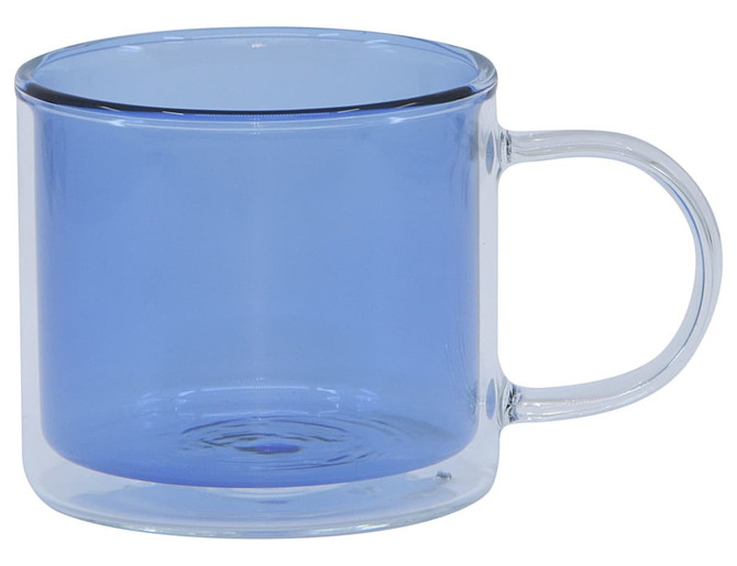 A blue double wall mug made of glass, featuring a transparent handle and a sleek design.