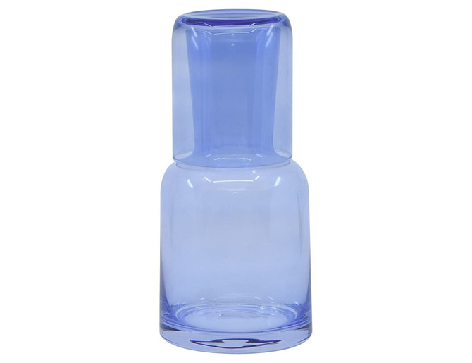 A drink bottle and tumbler set in light blue glass, featuring a sleek design and a single logo.