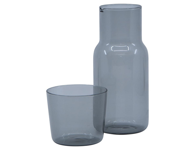 A drink bottle and tumbler set in sleek grey glass. The bottle features a smooth design with a matching tumbler.