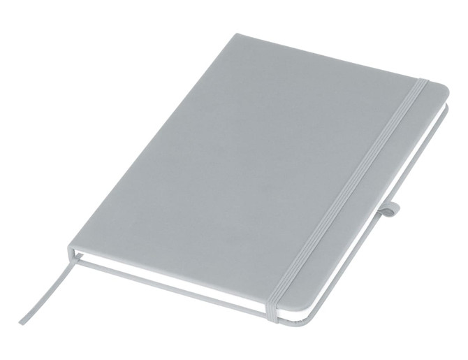 A grey A5 notebook with a soft cover, elastic band, and a ribbon bookmark, featuring a logo on the cover.