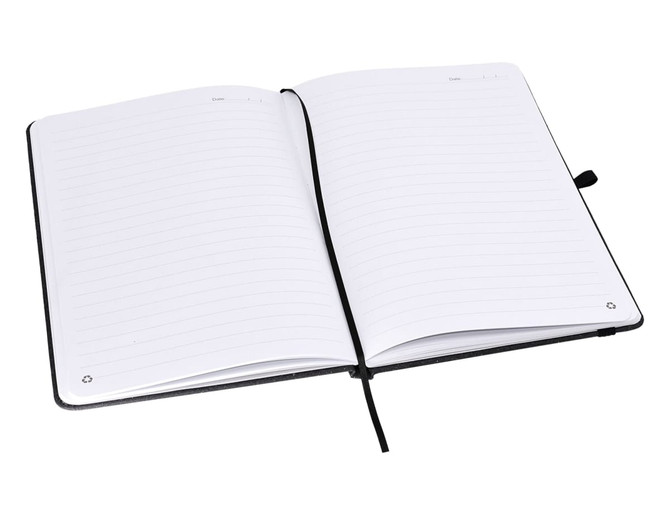 A black A5 notebook opened to reveal blank lined pages and a ribbon bookmark. It includes a branded logo.