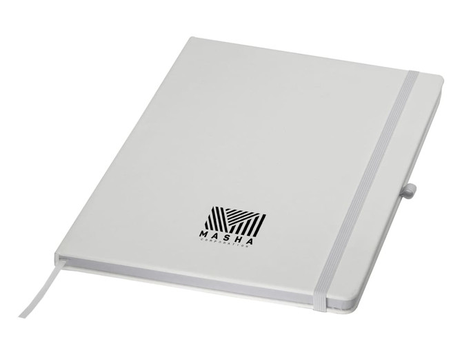 A white A4 notebook with a logo, featuring an elastic band closure and a ribbon bookmark.