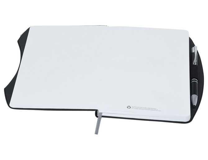 A黑色的Boston rPET A5 notebook with a pen, featuring blank pages and a logo on the cover.