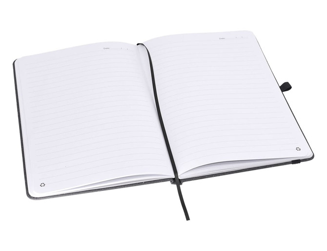 Apex A5 notebook with a black cover, featuring blank lined pages and a ribbon marker.