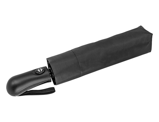 A black fold-up umbrella with a curved handle and strap, featuring a compact design for easy storage.