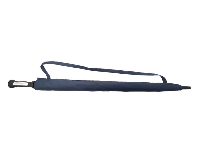 A navy RPET golf umbrella with a sleek handle and a carrying strap, featuring a simple design and a logo.