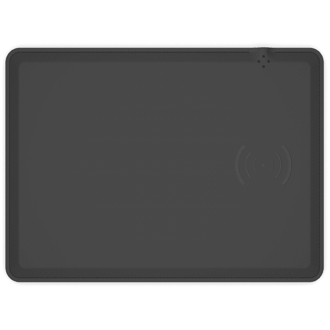 A wireless charging mouse pad in a sleek black design, featuring an integrated wireless charging symbol.