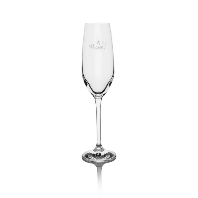 A champagne flute with a clear glass design featuring a slender shape and a decorative base.