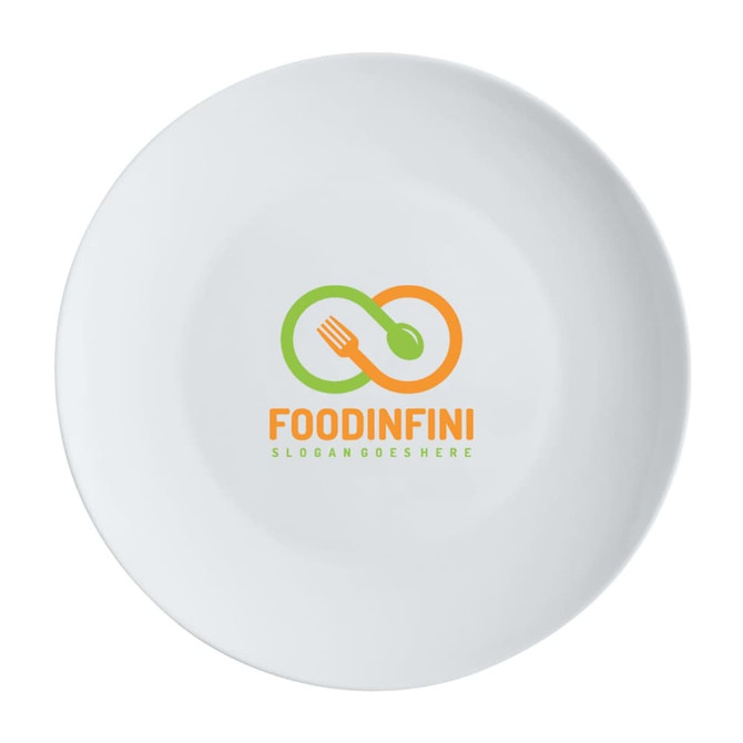 A white coupe entree plate featuring a circular design and a logo in green, orange, and yellow.