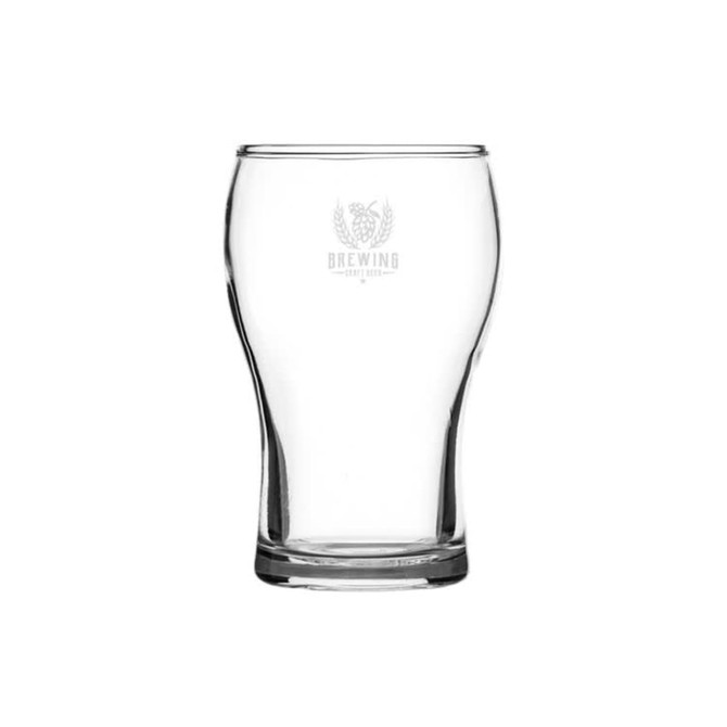 A clear glass beer glass with a curved shape and a logo at the top. Ideal for enjoying beverages.