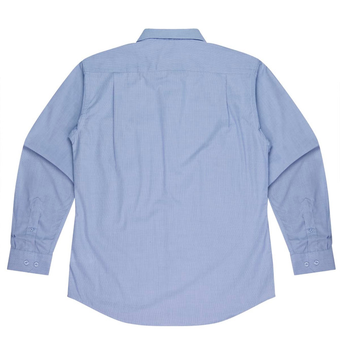 A long sleeve button-up shirt in light blue, featuring a plain back design and two-button cuffs.